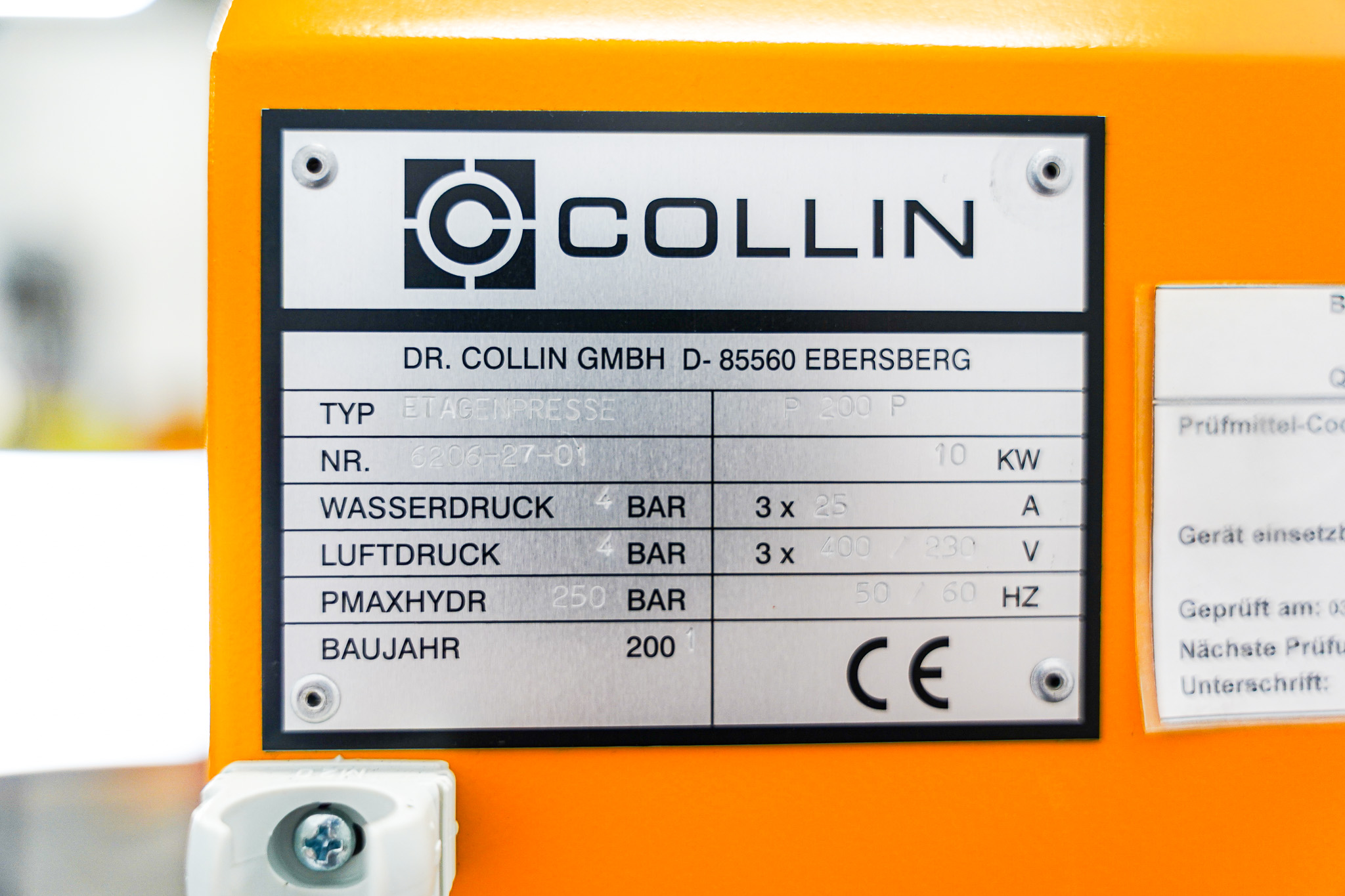 Plastima Used Machinery - Plastic Research and Development Machine R&D Lab Laboratory Collin P200P Press 2001 Type Serie nr Brand Plate