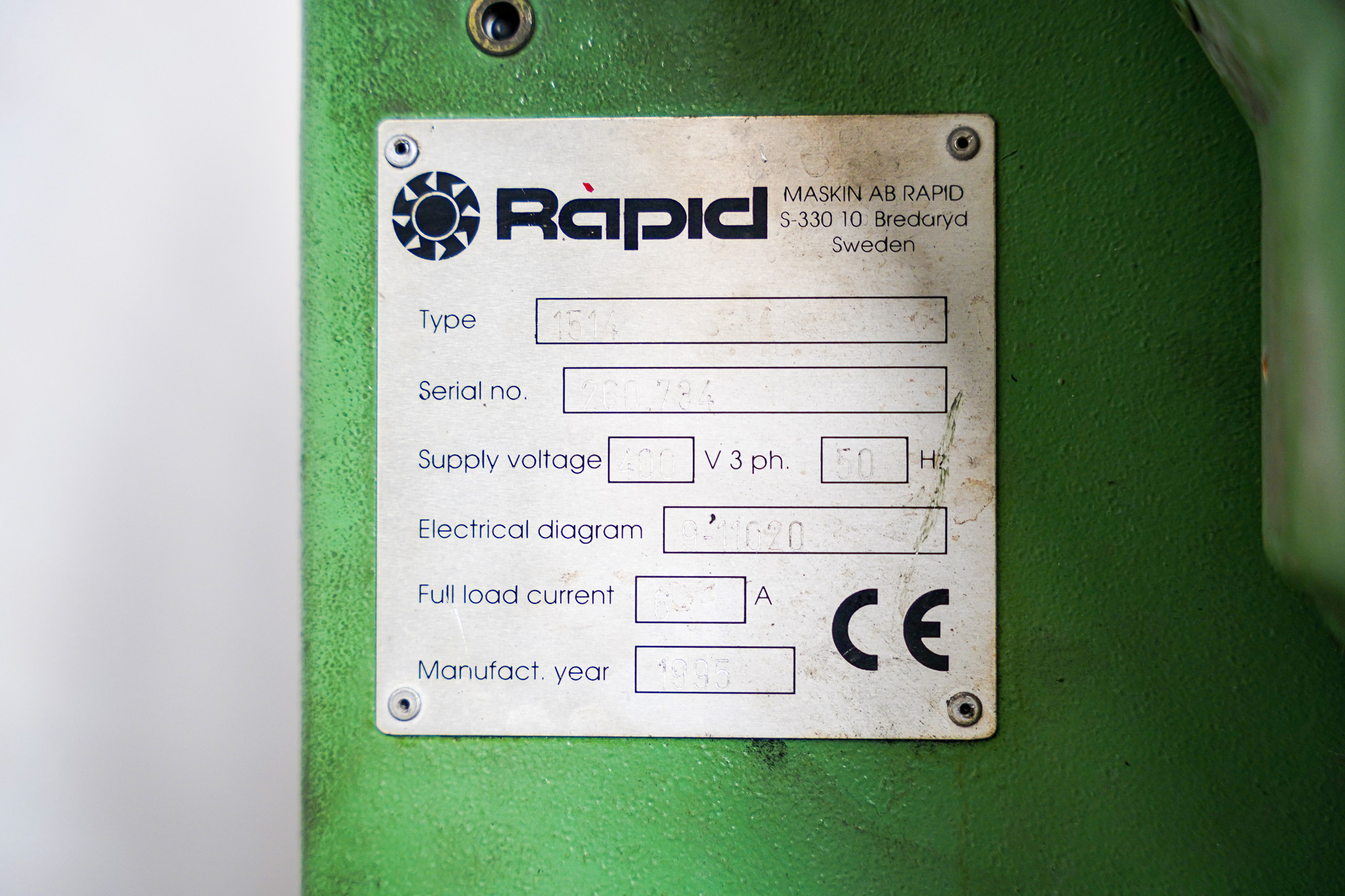 Plastima Used Machinery - Shredder Granulator Plastic Recycling AB Rapid Granulator S-330 10 1514 M20 1995 Type Serie nr Brand Plate