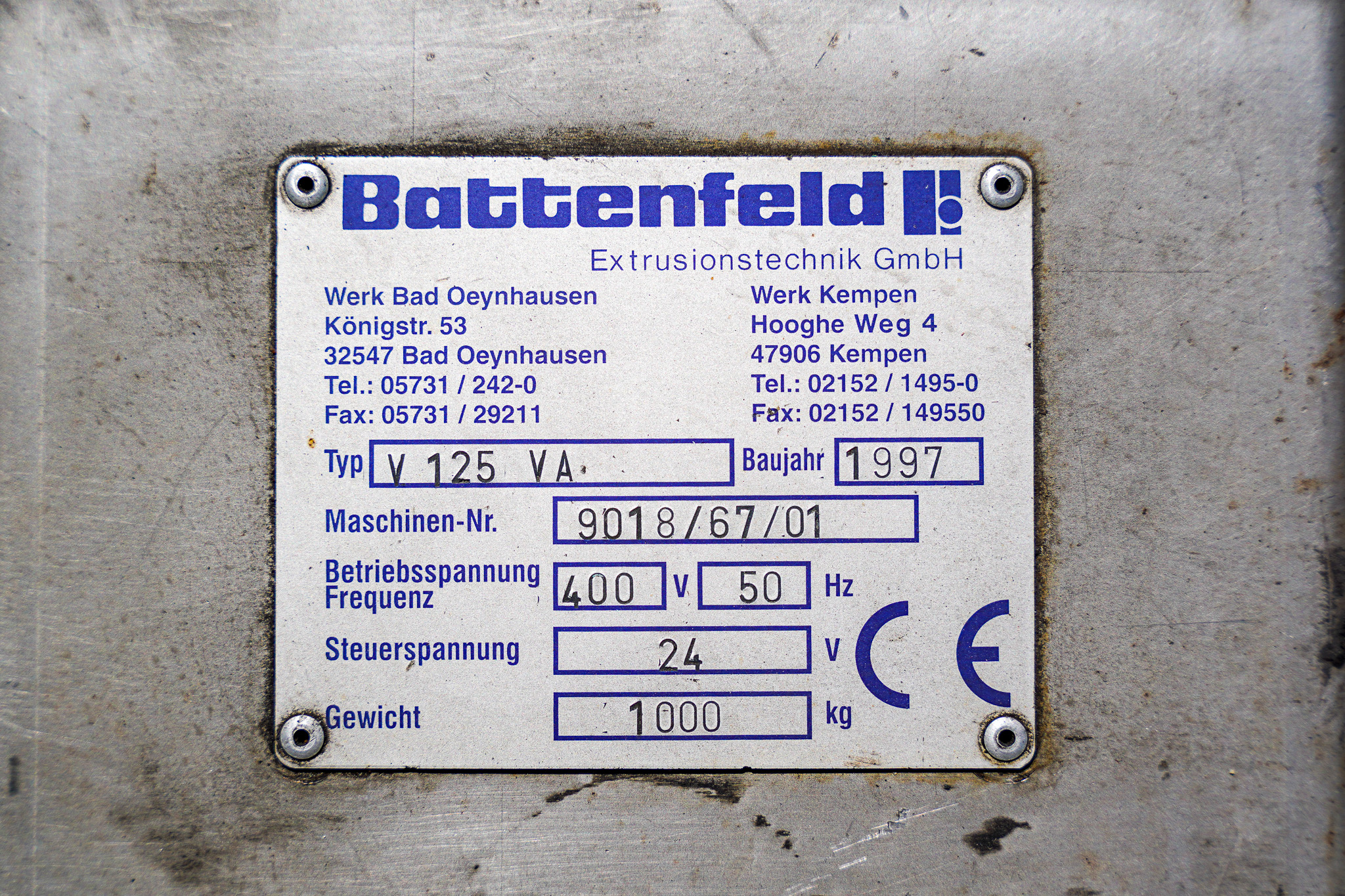 Plastima Used Machinery - Downsteam Plastic Extrusion Battenfeld Cincinnati V 125 VA 1997 Type nr Serie nr Brand plate